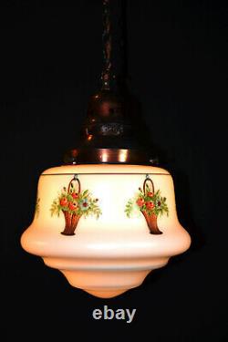 Rare Genuine 1930s art deco Opaline Milk Glass Schoolhouse Pendant Light lantern
