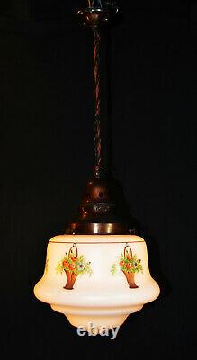 Rare Genuine 1930s art deco Opaline Milk Glass Schoolhouse Pendant Light lantern