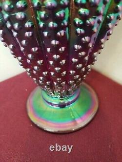 Rare Large Vintage Fenton Art Glass Plum Purple Opalescent Hobnail Fan Vase