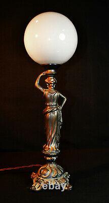 Rare Vintage 1940s bronze figural lamp art deco Opaline milk glass globe shade
