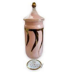 Rare Vintage Empoli Pink Opaline Glass Apothecary Jar with Lid Gold Circus Tent
