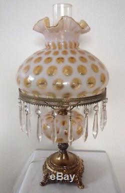 Rare Vintage Fenton Art Glass Honeysuckle Opalescent Coin Dot Lamp With Prisms