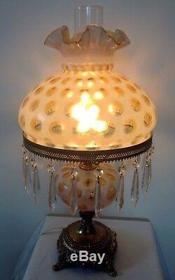 Rare Vintage Fenton Art Glass Honeysuckle Opalescent Coin Dot Lamp With Prisms