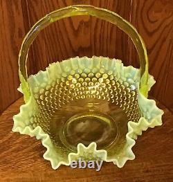 Rare Vintage Fenton Art Glass Topaz Yellow Opalescent Hobnail 12 Basket