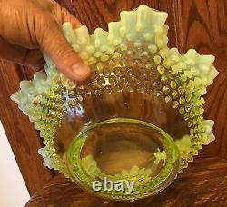 Rare Vintage Fenton Art Glass Topaz Yellow Opalescent Hobnail 12 Basket