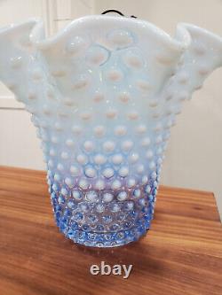 Round Vintage Opalescent Blue Hobnail Vase in the Shape of Five Flower Petals