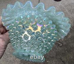 Ruffled Opalescent Iridescent Striated Swirl Hobnail Art Glass Bowl by Fenton