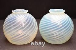 SET of 2 Vintage White Opalescent Art Glass Swirl Twist Lamp SHADES Round Globes