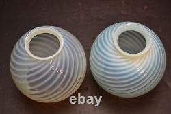 SET of 2 Vintage White Opalescent Art Glass Swirl Twist Lamp SHADES Round Globes