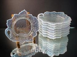 Scarce Fenton Set/ 8 Moonstone Opalescent Footed Leaf Dessert Plates Grape Leaf