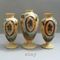 Set 3 Antique Opaline Glass Vases 1 AF 13 / 33cm Watermill Enamel Scene