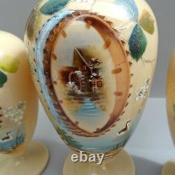 Set 3 Antique Opaline Glass Vases 1 AF 13 / 33cm Watermill Enamel Scene