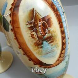 Set 3 Antique Opaline Glass Vases 1 AF 13 / 33cm Watermill Enamel Scene