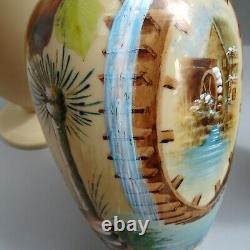 Set 3 Antique Opaline Glass Vases 1 AF 13 / 33cm Watermill Enamel Scene