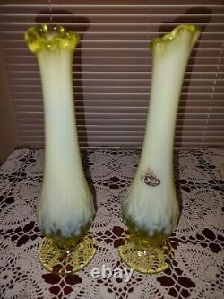 Set of (2) Vintage Fenton Topaz Vaseline Opalescent Lily of the Valley Bud Vases