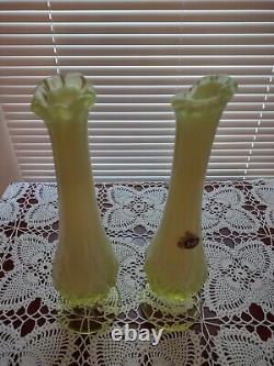 Set of (2) Vintage Fenton Topaz Vaseline Opalescent Lily of the Valley Bud Vases
