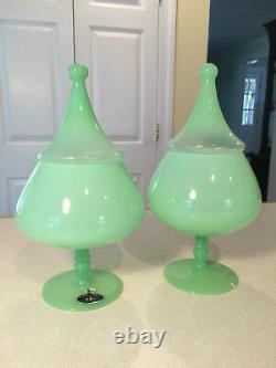 Set of 2 Vtg OPALINE VERITABLE 13 Jadeite Green Art-Glass Apothecary Candy Jars