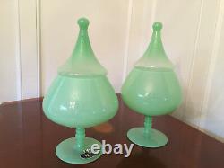 Set of 2 Vtg OPALINE VERITABLE 13 Jadeite Green Art-Glass Apothecary Candy Jars