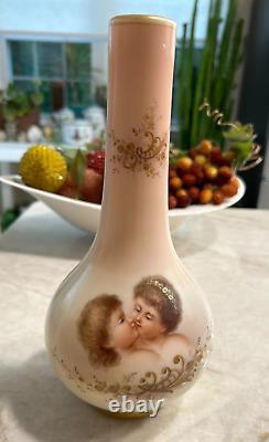 Signed Josef Ahne Hand Painted Portrait Bohemian Opaline Art Glass Vase 19thC