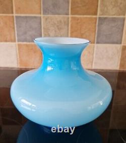 Sky Blue & White Opaline Cased Glass Vase Scandinavian Hooped Design Mid Century