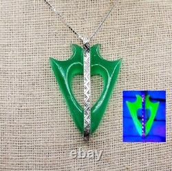 Sterling Art Deco Uranium Glass Necklace Unusual Arrow Piece Green Opaline