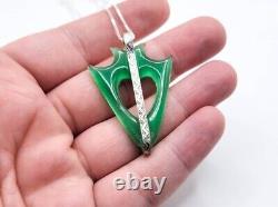 Sterling Art Deco Uranium Glass Necklace Unusual Arrow Piece Green Opaline