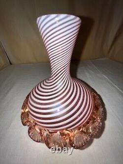 Stevens & Williams Cranberry Opalescent Art Glass Vase-Rigaree-Victorian