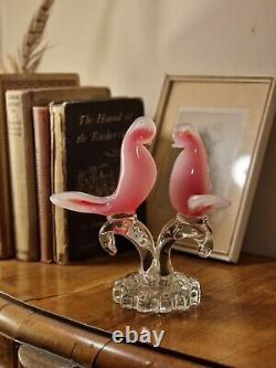Striking Vintage Murano Italian Art Glass Pink Opaline Birds on Branch Figurine