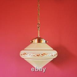 Stunning 1940s European Art Deco Opaline Glass Pendant Light with Brass Fittings