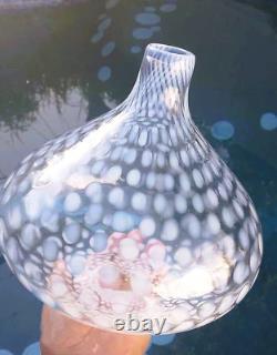 Stunning Hand-Blown Art Glass White Opaline Swirl Spotted Tear Drop Vase