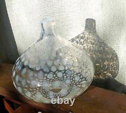 Stunning Hand-Blown Art Glass White Opaline Swirl Spotted Tear Drop Vase