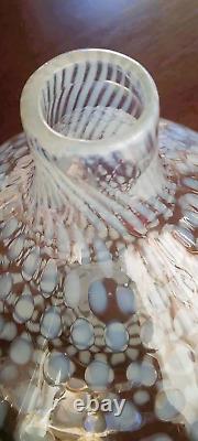 Stunning Hand-Blown Art Glass White Opaline Swirl Spotted Tear Drop Vase