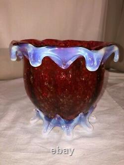 Super Cranberry Opaline Footed Art Glass Vase-Copper Fleck-Murano Contemporary