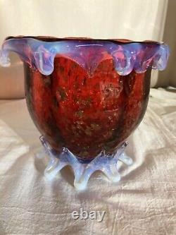 Super Cranberry Opaline Footed Art Glass Vase-Copper Fleck-Murano Contemporary