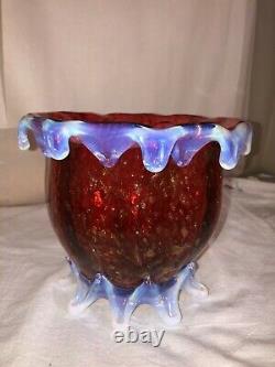 Super Cranberry Opaline Footed Art Glass Vase-Copper Fleck-Murano Contemporary