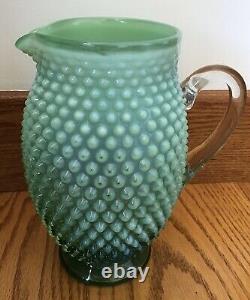 Super Rare Vintage Fenton Art Glass Green Opalescent Hobnail Tankard Pitcher