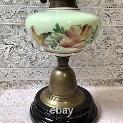Superb Art Nouveau Veritas Oil Lamp, Hand Enamelled Opaline Bowl Etched Shade