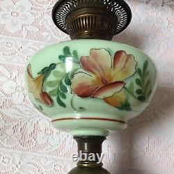 Superb Art Nouveau Veritas Oil Lamp, Hand Enamelled Opaline Bowl Etched Shade