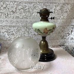 Superb Art Nouveau Veritas Oil Lamp, Hand Enamelled Opaline Bowl Etched Shade