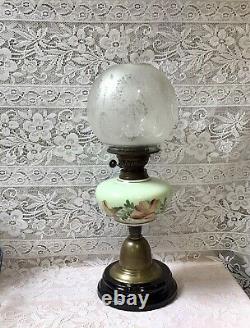 Superb Art Nouveau Veritas Oil Lamp, Hand Enamelled Opaline Bowl Etched Shade