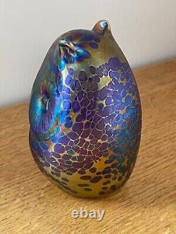 Superb John Ditchfield Modernist Owl Opalescent Blue & Yellow Glass Paperweight