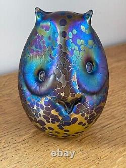 Superb John Ditchfield Modernist Owl Opalescent Blue & Yellow Glass Paperweight