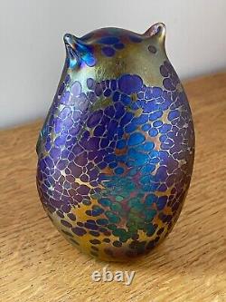 Superb John Ditchfield Modernist Owl Opalescent Blue & Yellow Glass Paperweight