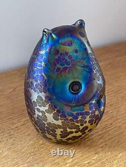 Superb John Ditchfield Modernist Owl Opalescent Blue & Yellow Glass Paperweight