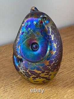 Superb John Ditchfield Modernist Owl Opalescent Blue & Yellow Glass Paperweight