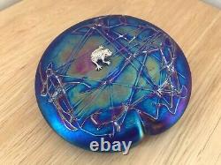 Superb John Ditchfield Opalescent Blue Glass Lilypad & Silver Frog Paperweight