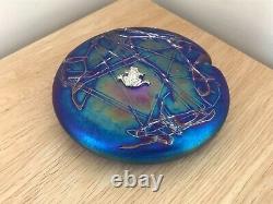 Superb John Ditchfield Opalescent Blue Glass Lilypad & Silver Frog Paperweight