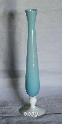 Tall Vintage Italian Blue Opaline Bud Vase Opalescent White Base 31cm 12.2in