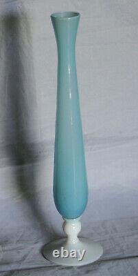 Tall Vintage Italian Blue Opaline Bud Vase Opalescent White Base 31cm 12.2in