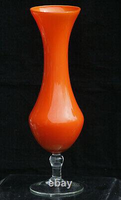 Tall Vintage Italian Orange Opaline Vase Clear Base Empoli 30cm 11.8in Italy